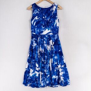 Isaac Mizrahi New York Dress Women 6 Blue White Floral Midi Stretch Knit Elegant